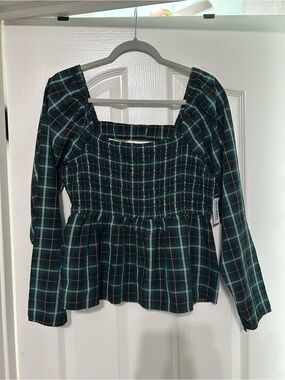 Old Navy Dark Green Plaid Smocked Peplum Long-Sleeve Top